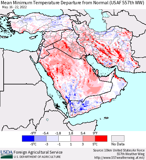 Middle East and Turkey Mean Minimum Temperature Departure from Normal (USAF 557th WW) Thematic Map For 5/16/2022 - 5/22/2022