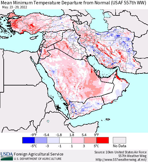 Middle East and Turkey Mean Minimum Temperature Departure from Normal (USAF 557th WW) Thematic Map For 5/23/2022 - 5/29/2022