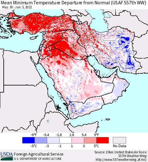 Middle East and Turkey Mean Minimum Temperature Departure from Normal (USAF 557th WW) Thematic Map For 5/30/2022 - 6/5/2022