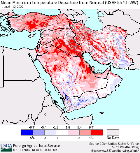 Middle East and Turkey Mean Minimum Temperature Departure from Normal (USAF 557th WW) Thematic Map For 6/6/2022 - 6/12/2022