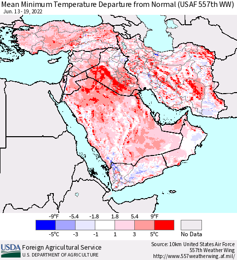 Middle East and Turkey Mean Minimum Temperature Departure from Normal (USAF 557th WW) Thematic Map For 6/13/2022 - 6/19/2022