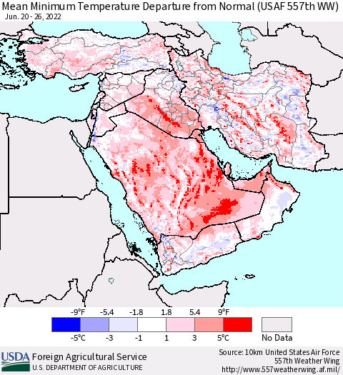 Middle East and Turkey Mean Minimum Temperature Departure from Normal (USAF 557th WW) Thematic Map For 6/20/2022 - 6/26/2022