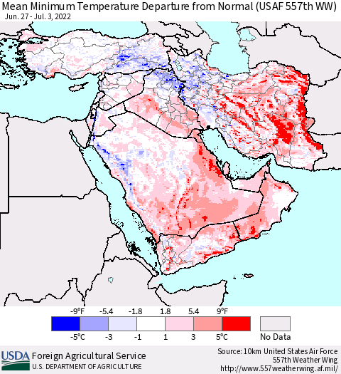 Middle East and Turkey Mean Minimum Temperature Departure from Normal (USAF 557th WW) Thematic Map For 6/27/2022 - 7/3/2022