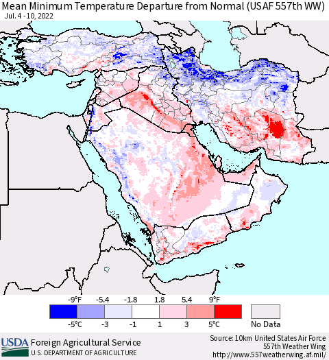 Middle East and Turkey Mean Minimum Temperature Departure from Normal (USAF 557th WW) Thematic Map For 7/4/2022 - 7/10/2022