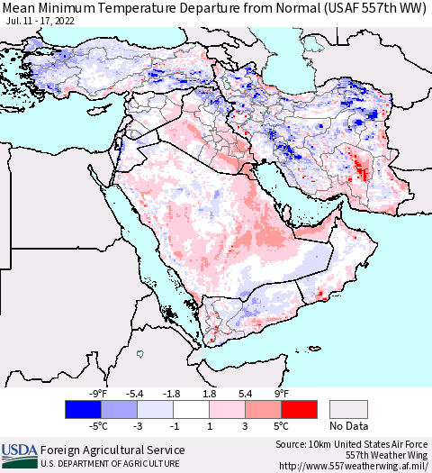 Middle East and Turkey Mean Minimum Temperature Departure from Normal (USAF 557th WW) Thematic Map For 7/11/2022 - 7/17/2022