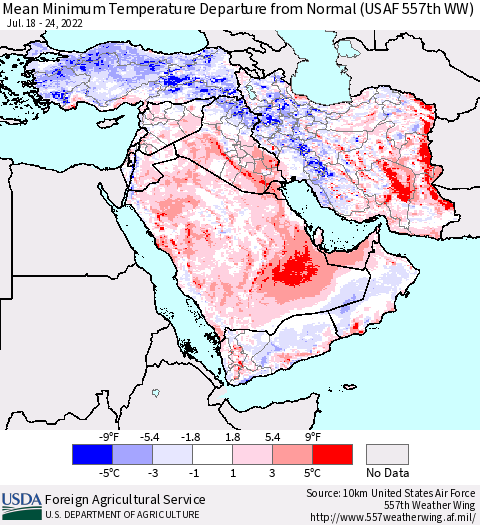 Middle East and Turkey Mean Minimum Temperature Departure from Normal (USAF 557th WW) Thematic Map For 7/18/2022 - 7/24/2022
