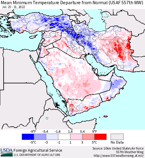 Middle East and Turkey Mean Minimum Temperature Departure from Normal (USAF 557th WW) Thematic Map For 7/25/2022 - 7/31/2022
