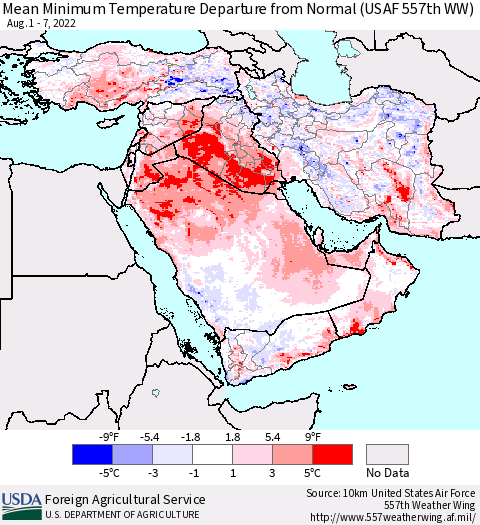 Middle East and Turkey Mean Minimum Temperature Departure from Normal (USAF 557th WW) Thematic Map For 8/1/2022 - 8/7/2022