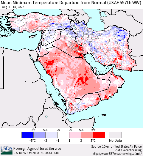 Middle East and Turkey Mean Minimum Temperature Departure from Normal (USAF 557th WW) Thematic Map For 8/8/2022 - 8/14/2022