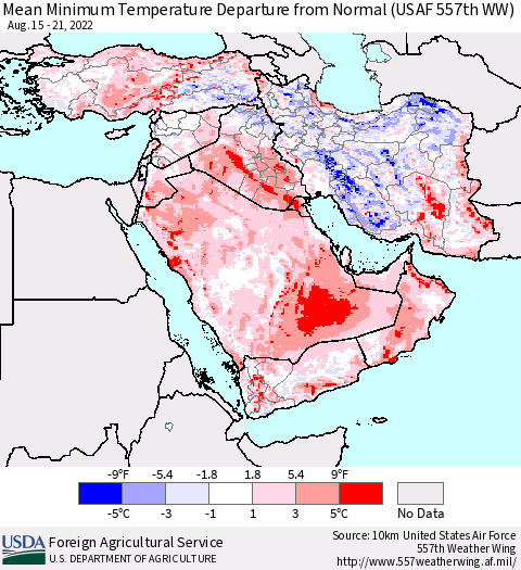 Middle East and Turkey Mean Minimum Temperature Departure from Normal (USAF 557th WW) Thematic Map For 8/15/2022 - 8/21/2022