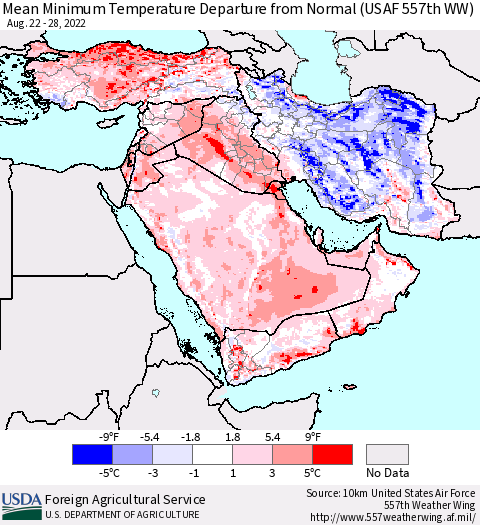 Middle East and Turkey Mean Minimum Temperature Departure from Normal (USAF 557th WW) Thematic Map For 8/22/2022 - 8/28/2022