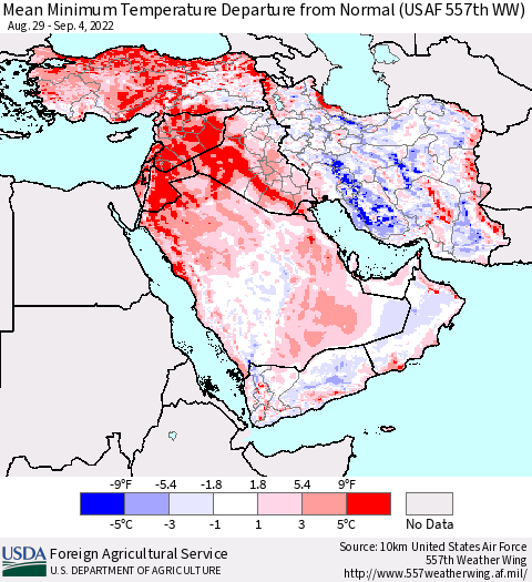 Middle East and Turkey Mean Minimum Temperature Departure from Normal (USAF 557th WW) Thematic Map For 8/29/2022 - 9/4/2022