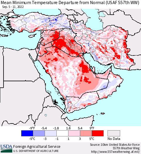 Middle East and Turkey Mean Minimum Temperature Departure from Normal (USAF 557th WW) Thematic Map For 9/5/2022 - 9/11/2022