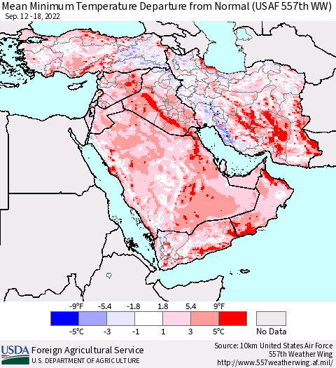 Middle East and Turkey Mean Minimum Temperature Departure from Normal (USAF 557th WW) Thematic Map For 9/12/2022 - 9/18/2022