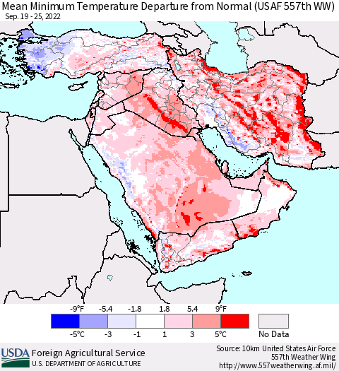 Middle East and Turkey Mean Minimum Temperature Departure from Normal (USAF 557th WW) Thematic Map For 9/19/2022 - 9/25/2022