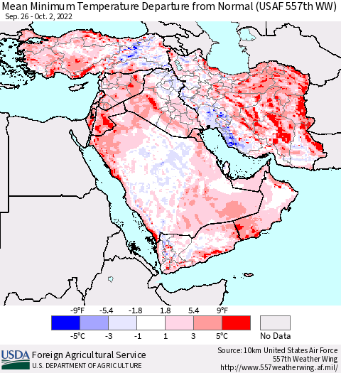 Middle East and Turkey Mean Minimum Temperature Departure from Normal (USAF 557th WW) Thematic Map For 9/26/2022 - 10/2/2022