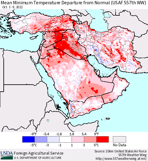 Middle East and Turkey Mean Minimum Temperature Departure from Normal (USAF 557th WW) Thematic Map For 10/3/2022 - 10/9/2022