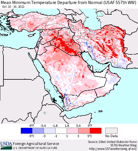 Middle East and Turkey Mean Minimum Temperature Departure from Normal (USAF 557th WW) Thematic Map For 10/10/2022 - 10/16/2022