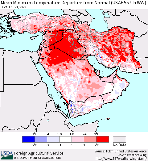 Middle East and Turkey Mean Minimum Temperature Departure from Normal (USAF 557th WW) Thematic Map For 10/17/2022 - 10/23/2022