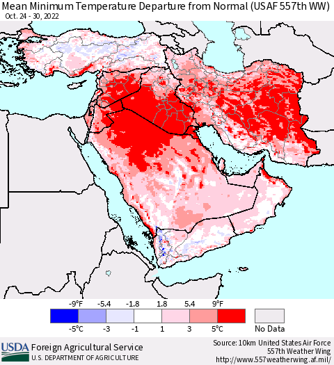 Middle East and Turkey Mean Minimum Temperature Departure from Normal (USAF 557th WW) Thematic Map For 10/24/2022 - 10/30/2022