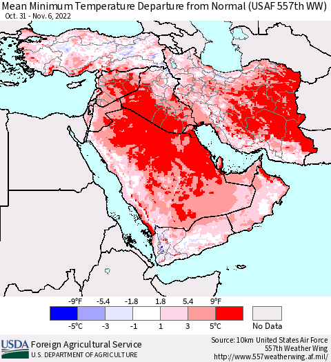 Middle East and Turkey Mean Minimum Temperature Departure from Normal (USAF 557th WW) Thematic Map For 10/31/2022 - 11/6/2022