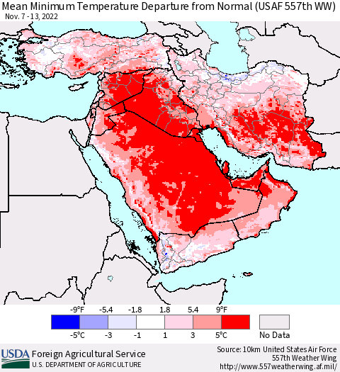 Middle East and Turkey Mean Minimum Temperature Departure from Normal (USAF 557th WW) Thematic Map For 11/7/2022 - 11/13/2022