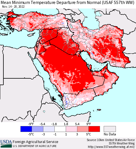 Middle East and Turkey Mean Minimum Temperature Departure from Normal (USAF 557th WW) Thematic Map For 11/14/2022 - 11/20/2022