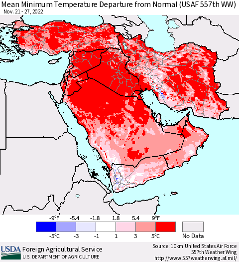 Middle East and Turkey Mean Minimum Temperature Departure from Normal (USAF 557th WW) Thematic Map For 11/21/2022 - 11/27/2022