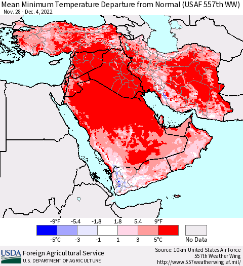 Middle East and Turkey Mean Minimum Temperature Departure from Normal (USAF 557th WW) Thematic Map For 11/28/2022 - 12/4/2022