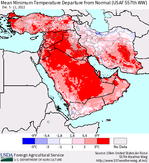 Middle East and Turkey Mean Minimum Temperature Departure from Normal (USAF 557th WW) Thematic Map For 12/5/2022 - 12/11/2022
