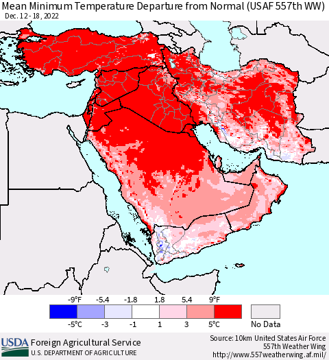 Middle East and Turkey Mean Minimum Temperature Departure from Normal (USAF 557th WW) Thematic Map For 12/12/2022 - 12/18/2022
