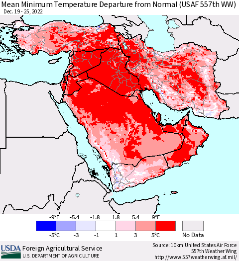 Middle East and Turkey Mean Minimum Temperature Departure from Normal (USAF 557th WW) Thematic Map For 12/19/2022 - 12/25/2022