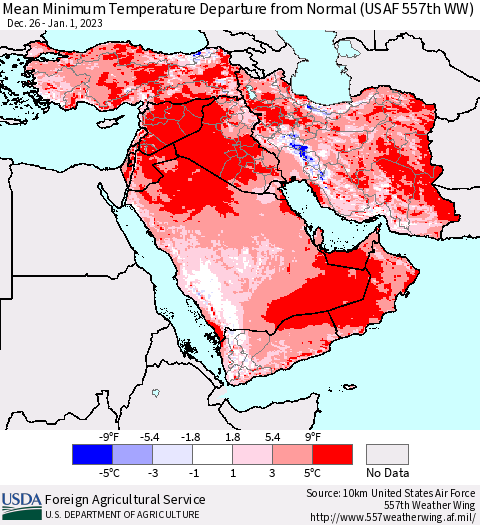 Middle East and Turkey Mean Minimum Temperature Departure from Normal (USAF 557th WW) Thematic Map For 12/26/2022 - 1/1/2023