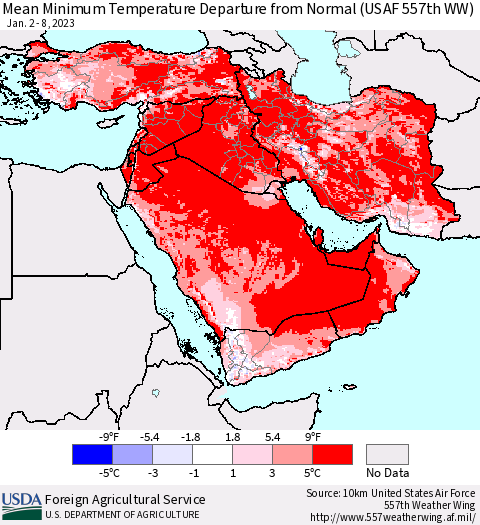 Middle East and Turkey Mean Minimum Temperature Departure from Normal (USAF 557th WW) Thematic Map For 1/2/2023 - 1/8/2023