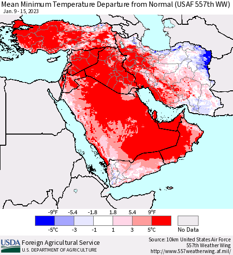 Middle East and Turkey Mean Minimum Temperature Departure from Normal (USAF 557th WW) Thematic Map For 1/9/2023 - 1/15/2023