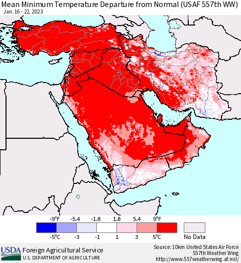 Middle East and Turkey Mean Minimum Temperature Departure from Normal (USAF 557th WW) Thematic Map For 1/16/2023 - 1/22/2023