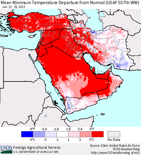 Middle East and Turkey Mean Minimum Temperature Departure from Normal (USAF 557th WW) Thematic Map For 1/23/2023 - 1/29/2023