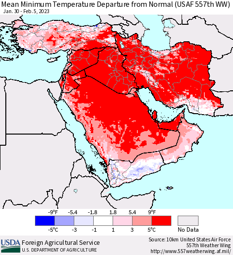 Middle East and Turkey Mean Minimum Temperature Departure from Normal (USAF 557th WW) Thematic Map For 1/30/2023 - 2/5/2023