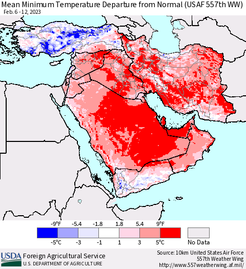 Middle East and Turkey Mean Minimum Temperature Departure from Normal (USAF 557th WW) Thematic Map For 2/6/2023 - 2/12/2023