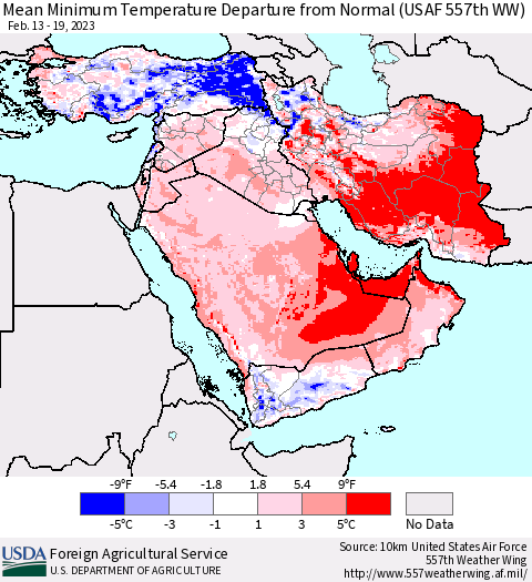Middle East and Turkey Mean Minimum Temperature Departure from Normal (USAF 557th WW) Thematic Map For 2/13/2023 - 2/19/2023