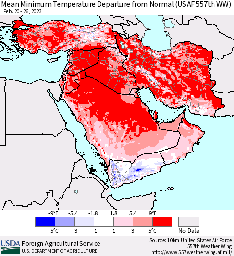 Middle East and Turkey Mean Minimum Temperature Departure from Normal (USAF 557th WW) Thematic Map For 2/20/2023 - 2/26/2023