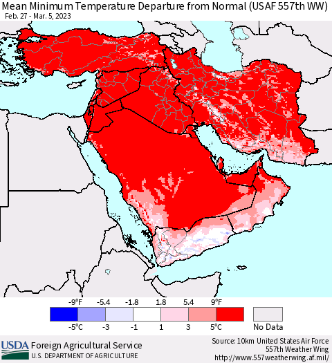Middle East and Turkey Mean Minimum Temperature Departure from Normal (USAF 557th WW) Thematic Map For 2/27/2023 - 3/5/2023
