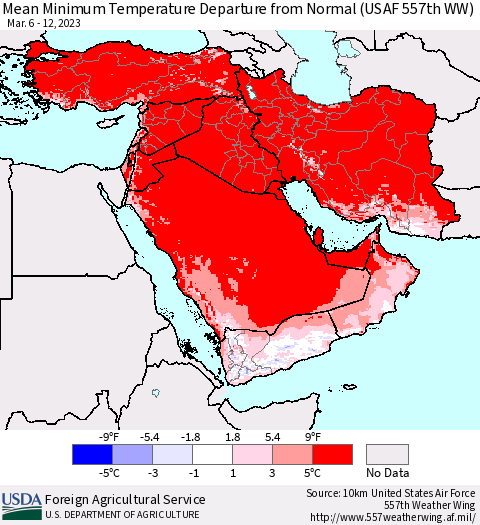 Middle East and Turkey Mean Minimum Temperature Departure from Normal (USAF 557th WW) Thematic Map For 3/6/2023 - 3/12/2023