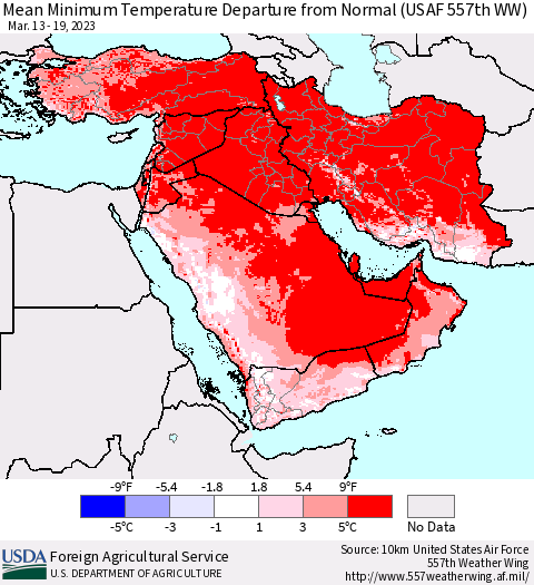 Middle East and Turkey Mean Minimum Temperature Departure from Normal (USAF 557th WW) Thematic Map For 3/13/2023 - 3/19/2023