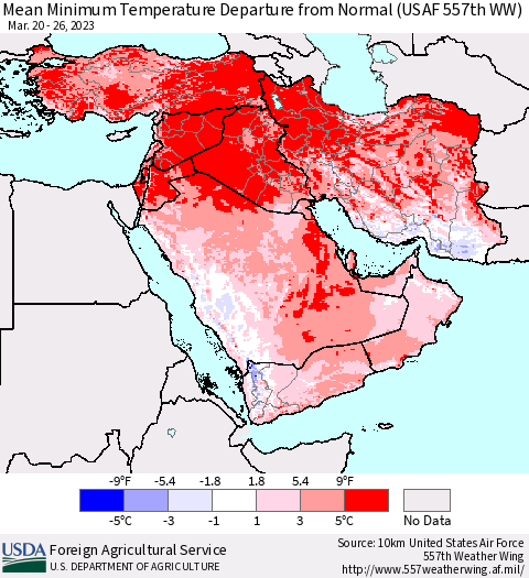 Middle East and Turkey Mean Minimum Temperature Departure from Normal (USAF 557th WW) Thematic Map For 3/20/2023 - 3/26/2023