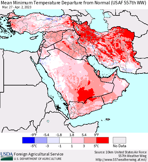 Middle East and Turkey Mean Minimum Temperature Departure from Normal (USAF 557th WW) Thematic Map For 3/27/2023 - 4/2/2023