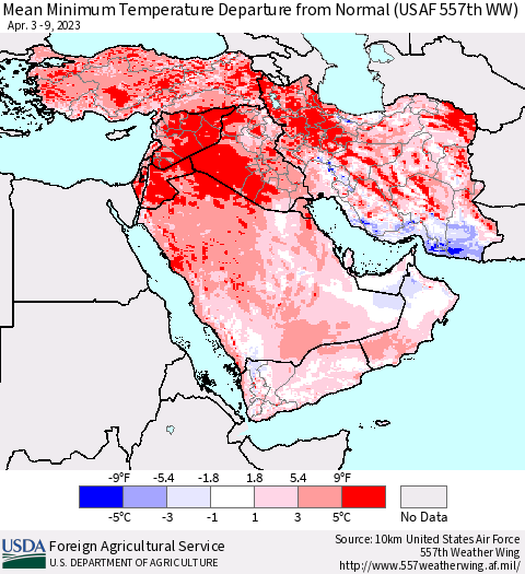 Middle East and Turkey Mean Minimum Temperature Departure from Normal (USAF 557th WW) Thematic Map For 4/3/2023 - 4/9/2023