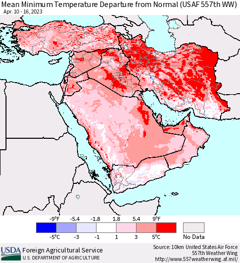 Middle East and Turkey Mean Minimum Temperature Departure from Normal (USAF 557th WW) Thematic Map For 4/10/2023 - 4/16/2023