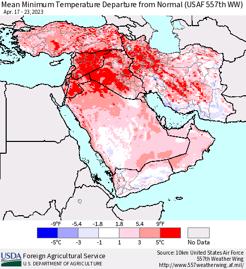 Middle East and Turkey Mean Minimum Temperature Departure from Normal (USAF 557th WW) Thematic Map For 4/17/2023 - 4/23/2023