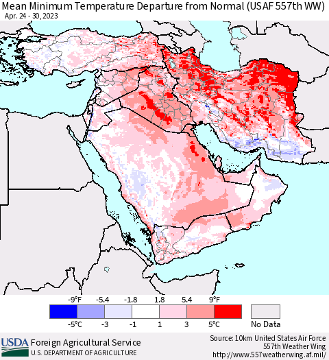 Middle East and Turkey Mean Minimum Temperature Departure from Normal (USAF 557th WW) Thematic Map For 4/24/2023 - 4/30/2023